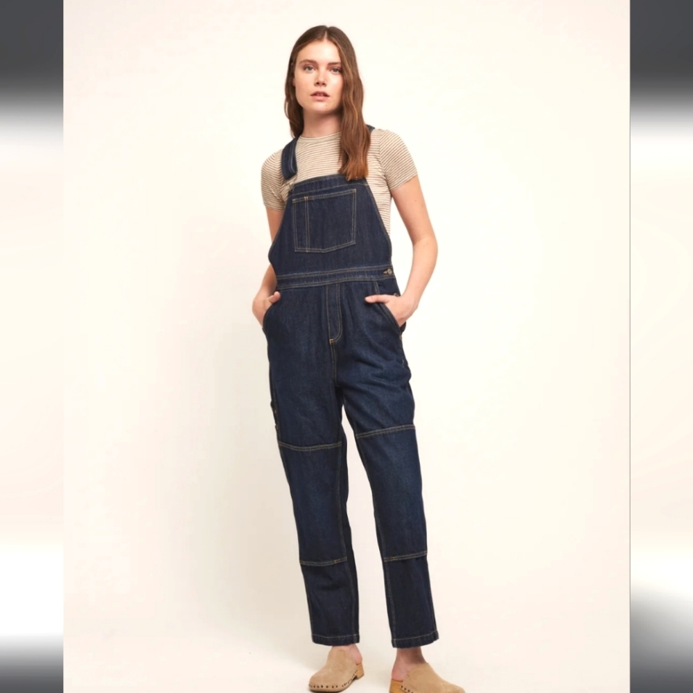 DARK Wash Denim Carpenter Bib Overalls Straight Leg Organic Cotton 32